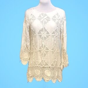 Free People Ivory Crochet Lace Tunic Top Boho Bell Sleeve XS OB1591628